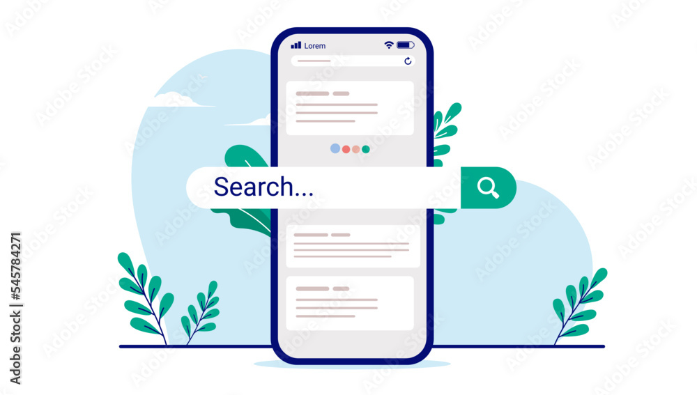 Leinwandbilder search bar on mobile phone screen - smartphone standing with search field popping out and decorative