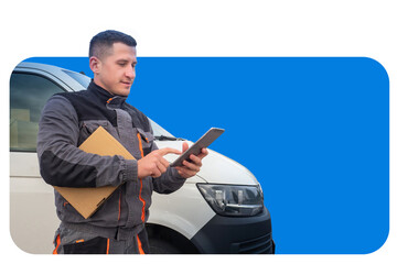 Man courier. Delivery man with tablet. Express van driver. Box man uses tablet computer. Delivery...