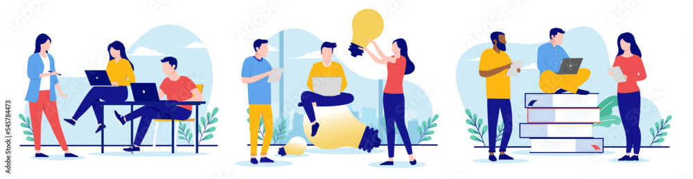 Poster people working vector collection - set of office characters at work with computers, coming up with i
