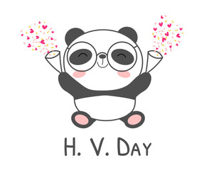 H. V. Day greeting card with cute kawaii panda bear hands up . Cute little panda bear with firecrackers in his arms. Print, tee, postcard for Valentines day Vector illustration