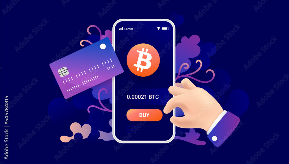 Poster buying bitcoin with bank card on phone screen - smartphone with crypto currency app and hand clickin