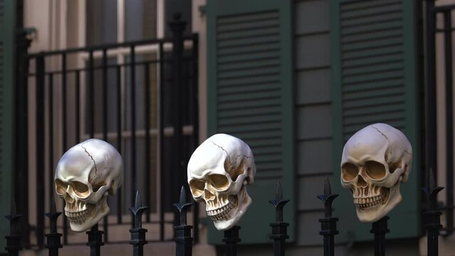Many skull bones are decorated on top of the iron fence along a house for annual Halloween decoration in Upper East Side Manhattan on October 30, 2022 in New York City NY, USA. 