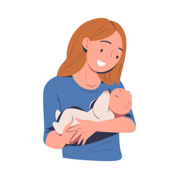Happy mom hugging her baby with tenderness. Parent embracing newborn baby expressing love and care cartoon vector illustration