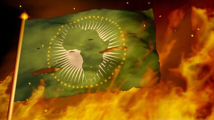Flag of the African Union burning in war, crisis, forest fire, collapse (3D render)
