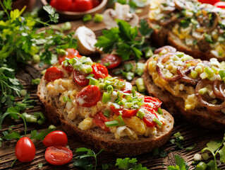 Close up on sandwich with scrambled eggs, cherry tomatoes and chopped green onion on a wooden board among the fresh herbs