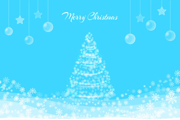 Naklejka na ściany i meble Merry Christmas and Happy New Year. Christmas greeting card with white snow christmas tree and snowflakes