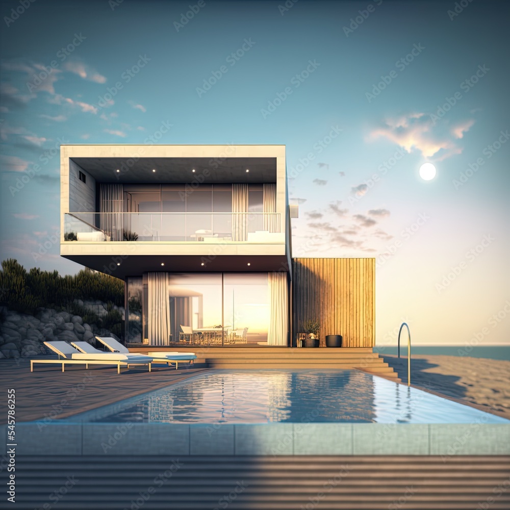 Poster beach house with pool in modern design 3d rendering