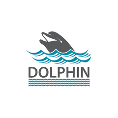 emblem of dolphin and sea waves isolated on white background
