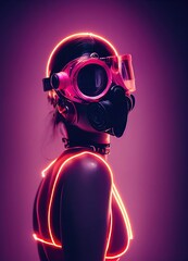 Black and pink neon fetish gas mask portrait. Latex and leather. BDSM style. - obrazy, fototapety, plakaty