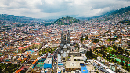 Quito Ecuador Basilica of the National Vow (Basílica del Voto Nacional) cityscape aerial drone view 