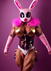 Fetish portrait. Bunny furry latex mask. Female bodybuilder. Huge muscles.