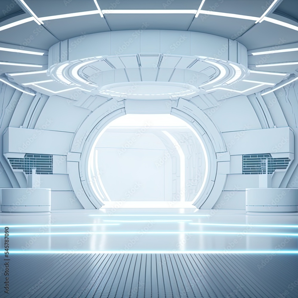 Poster futuristic interior with empty stage. modern future background. technology sci fi hi tech concept. 3