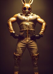Fetish portrait. Huge muscular man in gold metal bunny mask. Latex suit and big muscles.