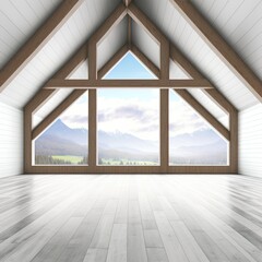 Empty room in luxury eco house, parquet floor and wooden roof trusses, panoramic window on summer spring meadow, modern white and gray architecture interior design, 3d illustration
