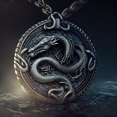 Ancient stone dragon necklace. Fantasy video game artifact design.
