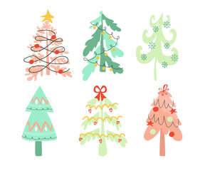 Hand drawn Christmas trees decorated with ribbons, garlands and balls. Vector elements for design cards and banners.