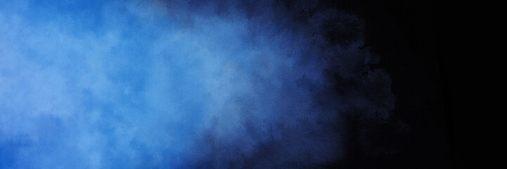 Fototapeta na wymiar Blue smoke wisps or hazy fog on black background, light blue cloudy texture, elegant banner design