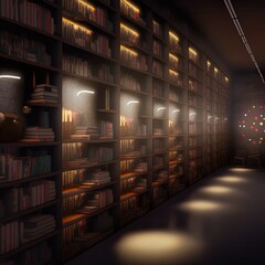 3d illustration of bookshelves and walls with sbot lights