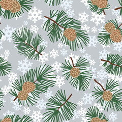 Fototapeta premium Winter forest seamless pattern with pine branches and cones. Evergreen floral christmas vector illustration. Engraving hand-drawn nature background.