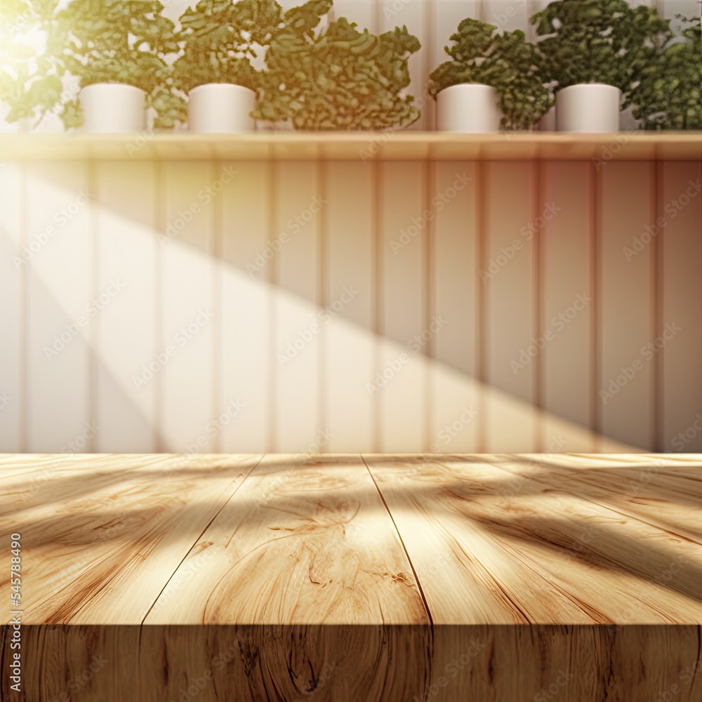Poster 3d rendering of an empty shiny wooden counter top for products display in a beautiful cozy room deco