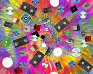CDs, cassettes, video cassettes. Attributes of the 1990s. A kaleidoscope from recording sources...