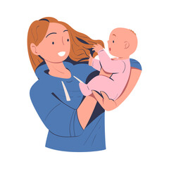 Happy mom holding baby in her arms. Mother embracing newborn baby expressing love and care cartoon vector illustration