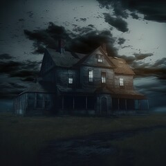 Dark atmospheric horror background. Haunted house. Dramatic sky, old, abandoned house, light in the windows. 3D illustration.