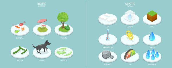 3D Isometric Flat Vector Conceptual Illustration of Biotic And Abiotic Factors, Educational Chart