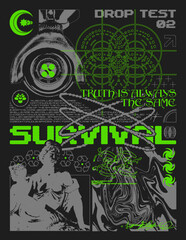 Retro futuristic poster with women statue "Survival" text. Print in techno style, for streetwear, print for t-shirts and sweatshirts on a black background