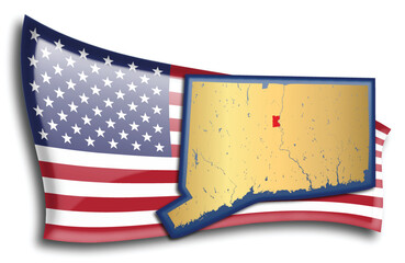 U.S. states - map of Connecticut against an American flag. Rivers and lakes are shown on the map. American Flag and State Map can be used separately and easily editable. - 545789414