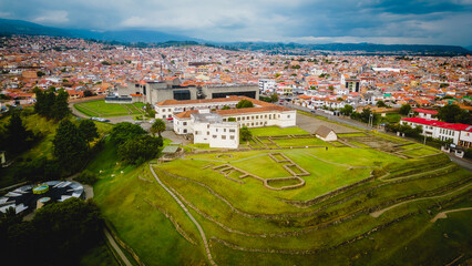 Fototapeta na wymiar Pumapungo ruins near Cuenca, Ecuador, aerial drone