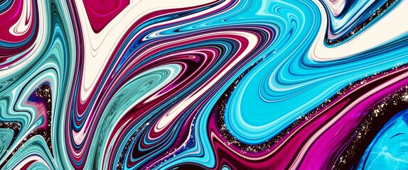 Obraz premium Magenta and blue abstract alcohol ink marble background with popular watercolour brush stroke, creative hand painted art, luxury shining golden paths, wallpaper for print 