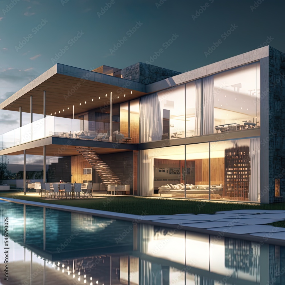 Poster 3d rendering of a luxurious villa contrasting with a technical draft part