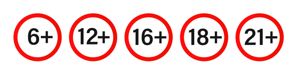 6 12 16 18, 21, plus years old icon vector set. Adults content. 6 12 16 18, 21 age restriction signs. Vector illustration
