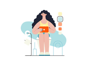 Easy shopping - Online shopping and electronic commerce series - modern flat vector concept illustration of a woman in toilet shopping online. Promotion, discounts, sale and online orders concept