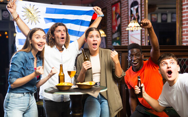 Group of Uruguay football team fans spending time in bar, drinking bear and having fun. People with...