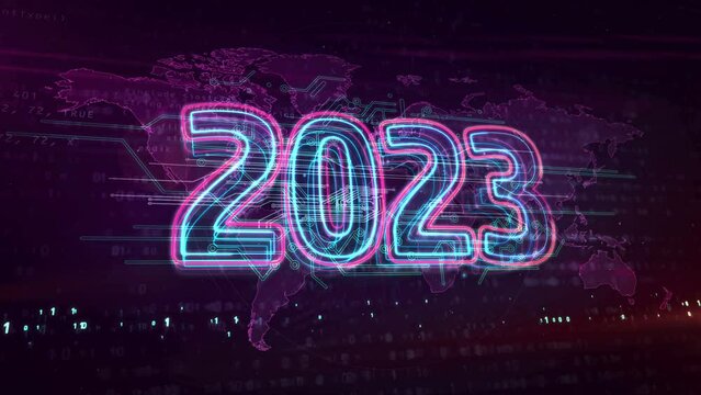 2023 year, new cyber design concept animation. Abstract loopable and seamless 3d. Cyberspace style. Futuristic digital technology.
