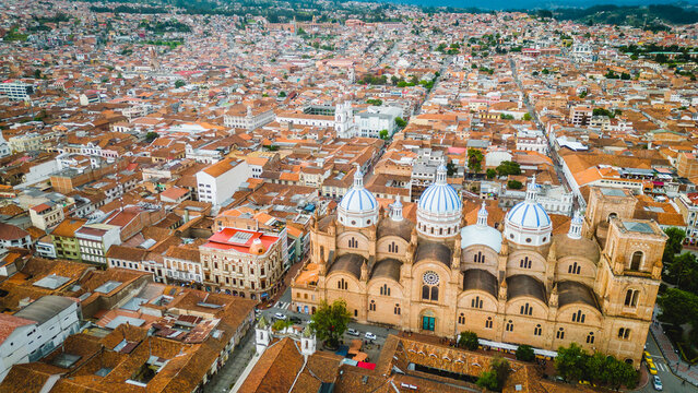 New Cathedral of Cuenca Ecuador, Immaculate Conception Aerial Drone Above Domes Historical Center of the City, Travel and Tourism in Latin America, Catholic Architecture