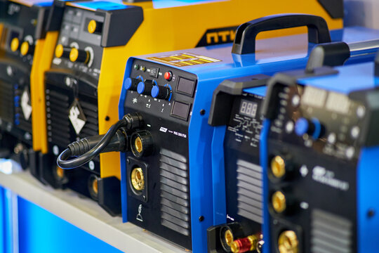 Welding machines on the shelf of the store. Sale of welding equipment in the market. Exhibition of professional tools for work, repair and construction Mitex - Moscow, Russia, November 09, 2022