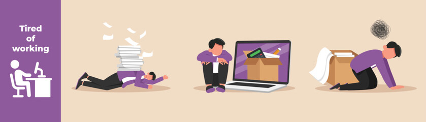 Employees are tired because they are burdened with business tasks. Fatigue set concept at work. Colored flat graphic vector illustration isolated.