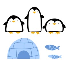 Winter animals set penguin cartoon kawaii Christmas fish for wrapping paper and kids clothes print