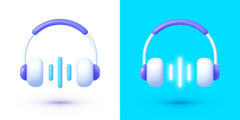 Fototapeta premium Headphone 3d with neon elements in modern style on white background. Template poster vector illustration. Sound equipment. Vector illustration design