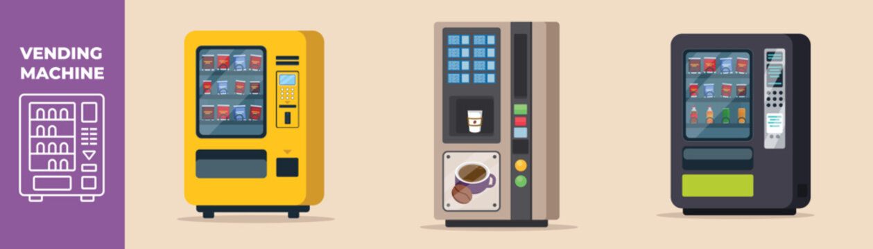 Vending machine of snack, soft drink and coffee. Vending machine set concept. Colored flat graphic vector illustration isolated.