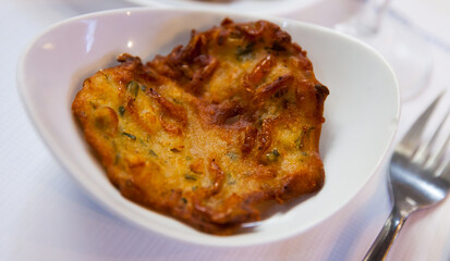 Spanish tortilla with shrimp closeup. High quality photo