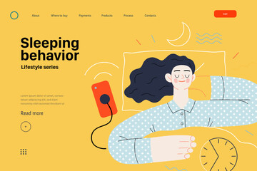 Lifestyle web template -Sleeping behaviour -modern flat vector illustration of woman sleeping in her bed showing the benefits of good sleeping habit, eight hours normal sleep People activities concept