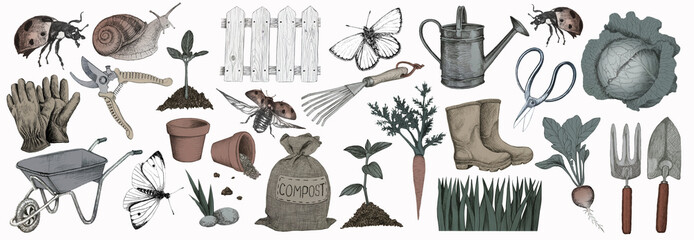 hand drawn set of clip art, gardening and farming aesthetic   © Elena