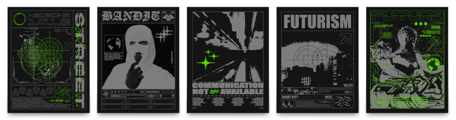 Collection of futuristic posters. Techno style stylish prints for streetwear, print for t-shirts and sweatshirts isolated on black background - obrazy, fototapety, plakaty