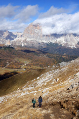 Tourists enjoying the Dolomites landscape in Italy, Europe