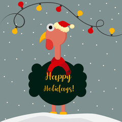 Happy Holidays card with a cute flat design Turkey with a Santa Hat and Scarf.	