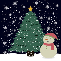雪降る夜のクリスマスツリーと雪だるま